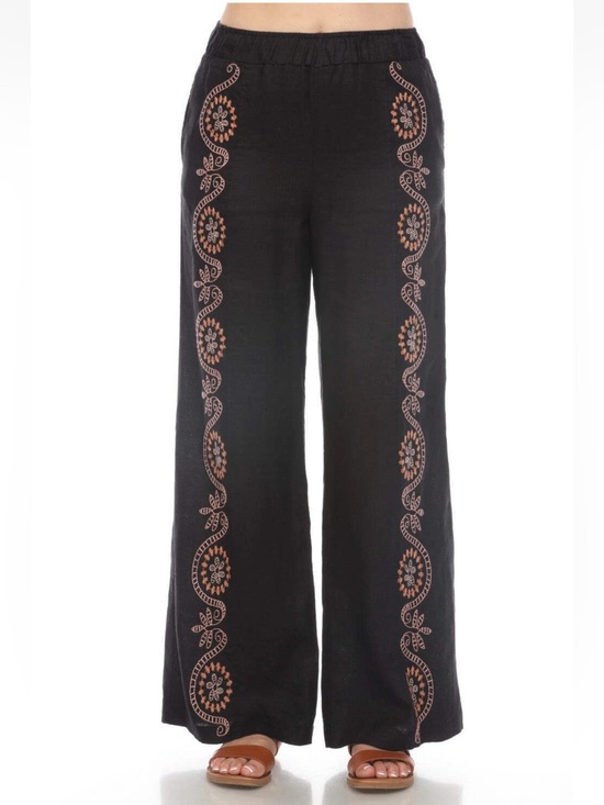 Johnny Was Pants - Johnny Was Los Angeles Linen Wide Leg Embroidered Pants Black Size Large